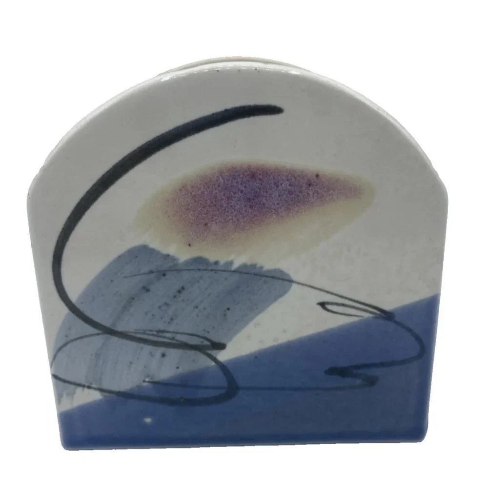 Vintage Handmade Pottery Blue Napkin Holder Coastal Kitchen Decor Seagull